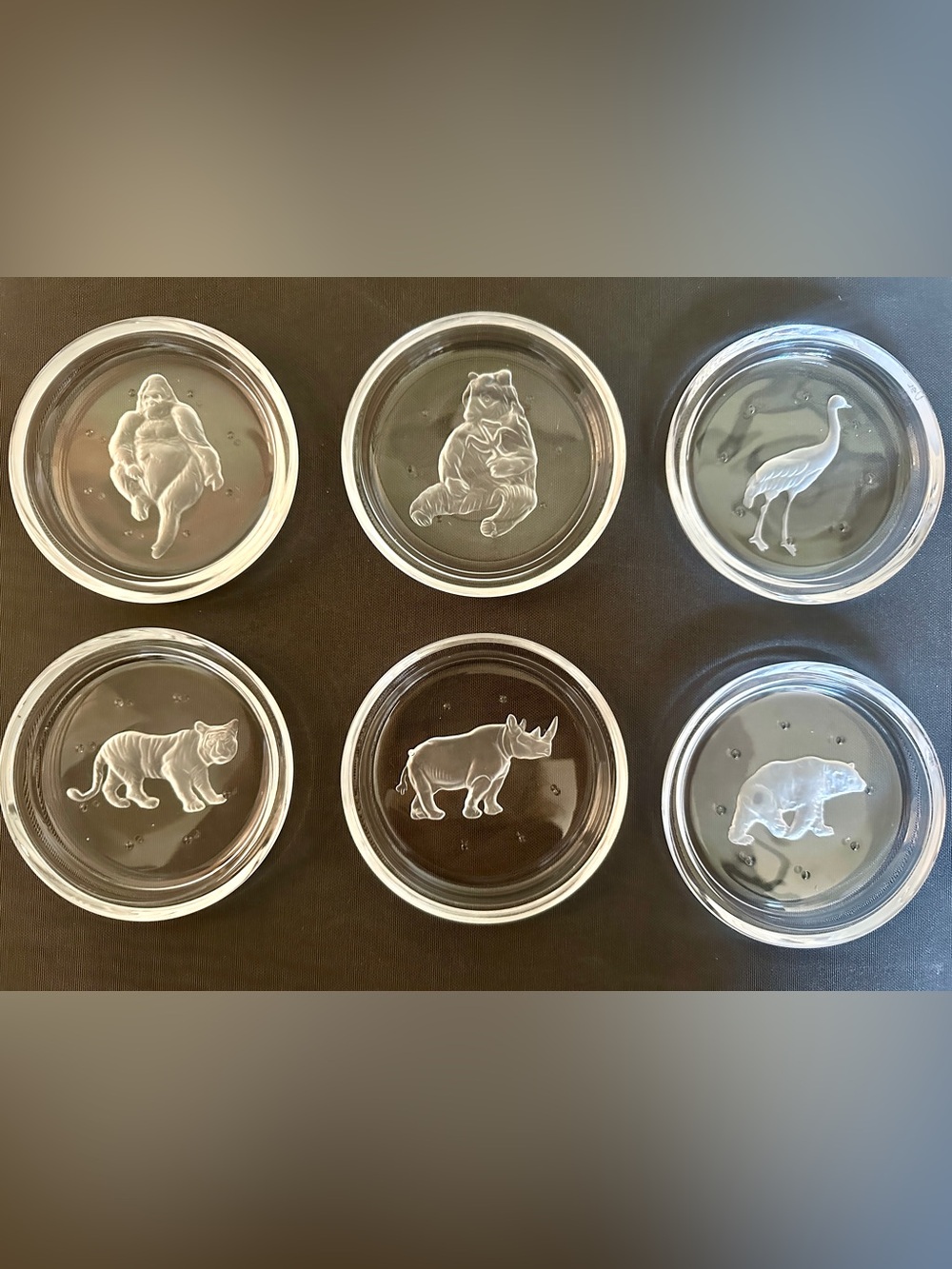 Val St Lambert Crystal Coasters Set 6 Endangered Wildlife Animals Frosted VTG